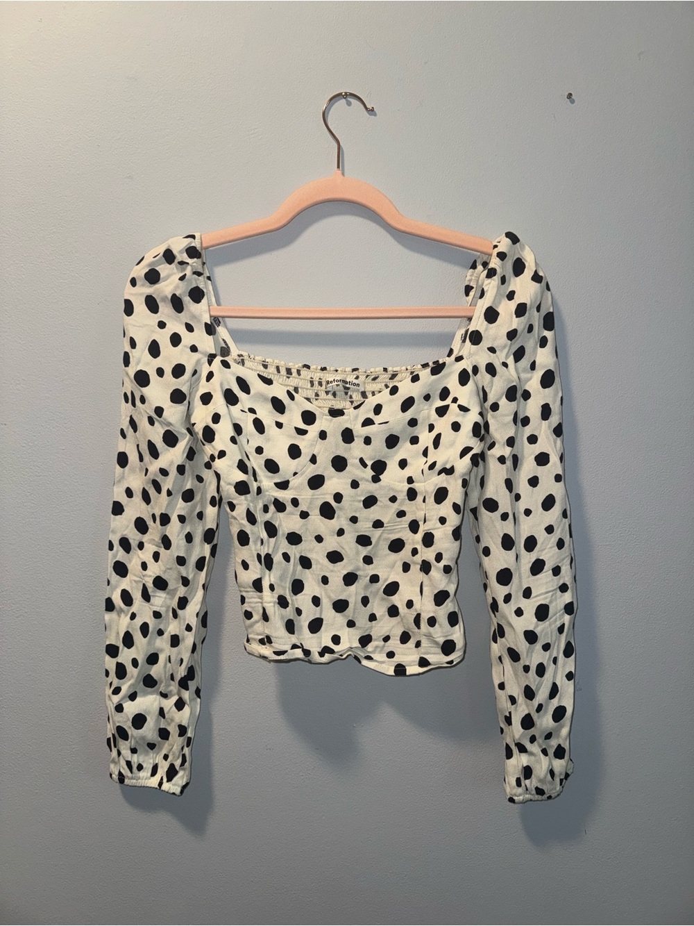 Reformation White Blouse with Black Polka Dots